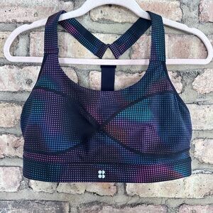 Sweaty Betty Black Sports Bra with Purple & Teal Dot Print